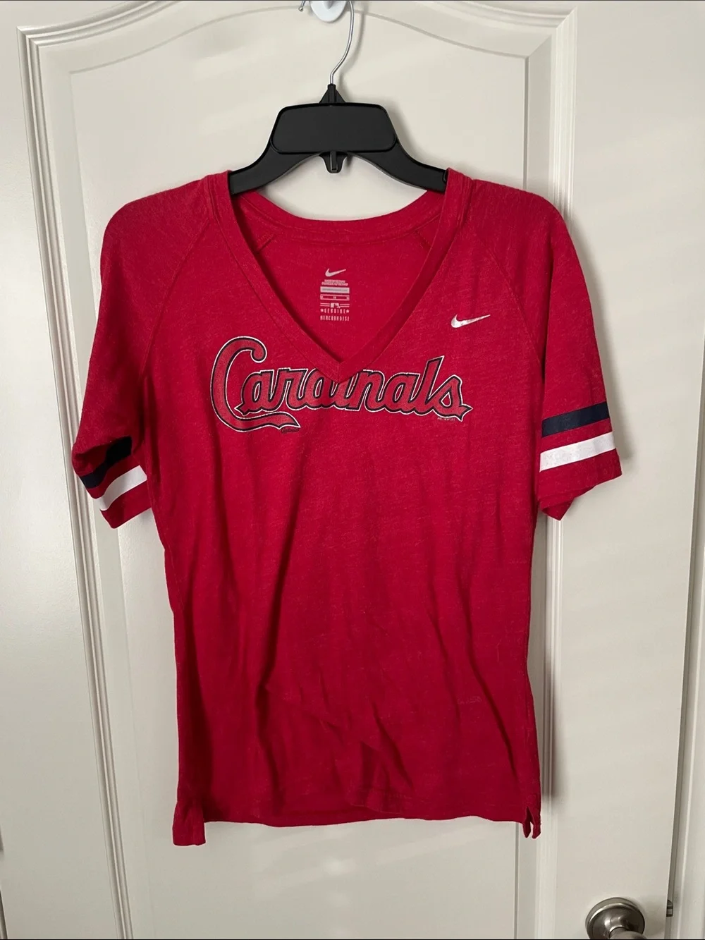 Nike Red Cardinals V-Neck Tee with Navy & White Sleeve Stripes